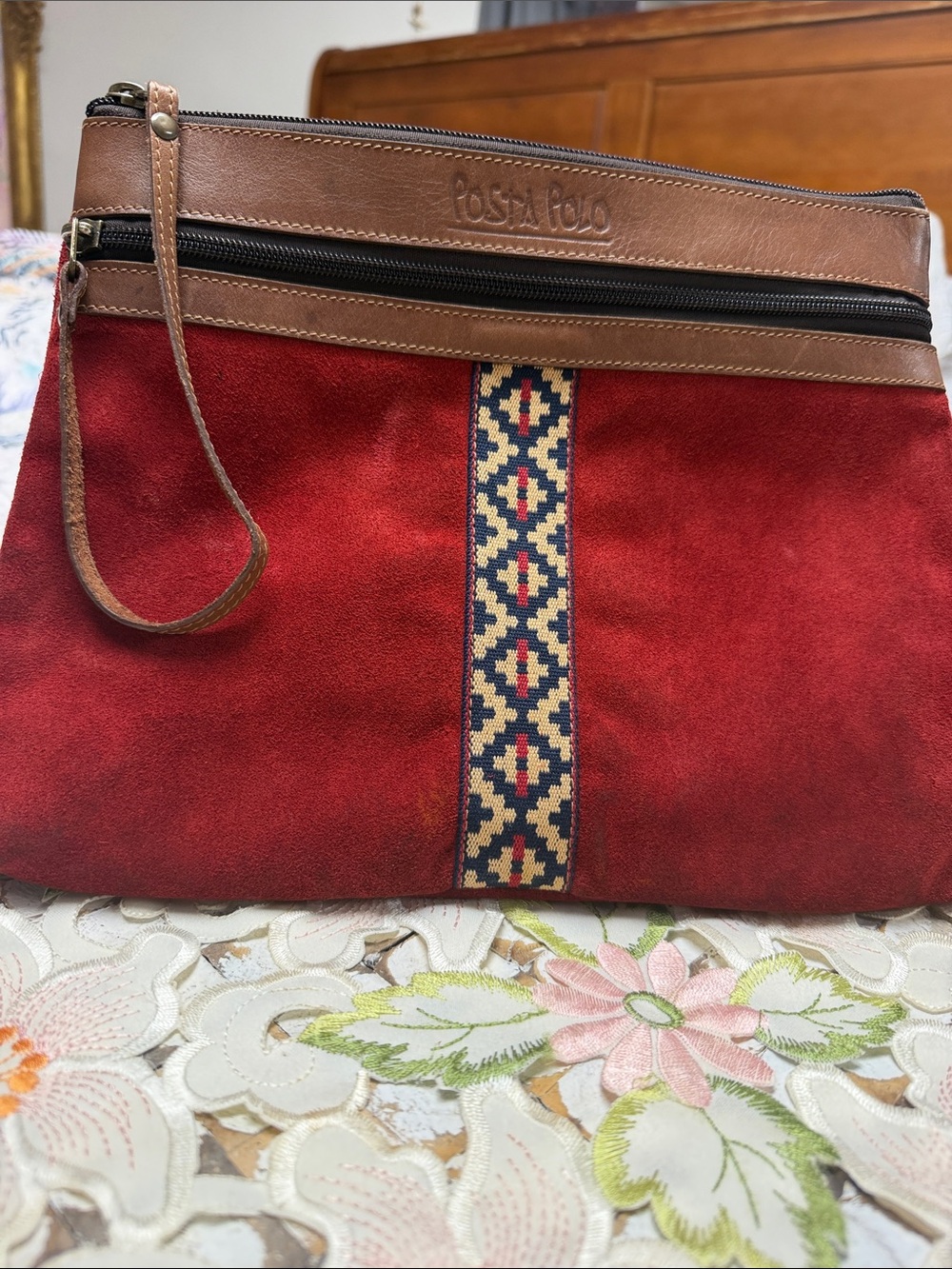 Fossil Red Suede Wristlet with Brown Leather Trim and Patterned Center